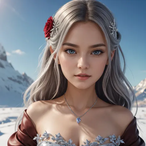 {{masterpiece}},best quality,highly detailed,extremely detailed CG unity 8k wallpaper,illustraction, 1girl, red eyes, wavy silver hair, pointy ears, vampire, dress, necklace, hair flower, snow, ice, full body, shot,high close up, highly detailed,center fra...