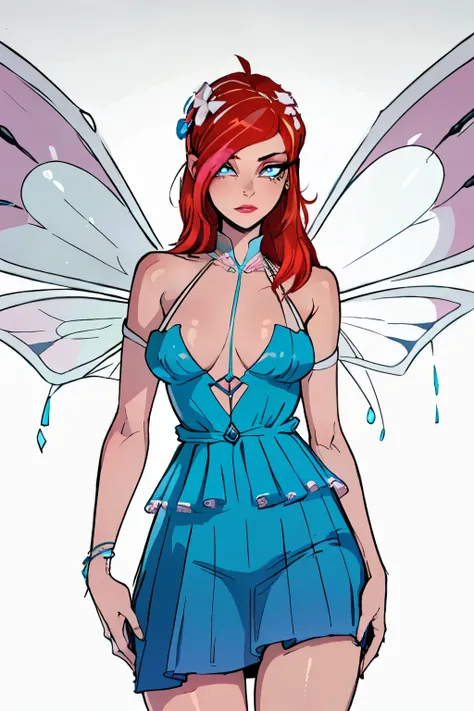 (blossom:1.2), dress, fairy wings, Red hair, Blue eyes, sparkling outfit, (White background, solid White background:1.5), (realistic:1.2), (masterpiece:1.2), (full body shot:1),(cowboy shot:1.2), neon lighting, dark romantic lighting, (very detailed:1.2),(...