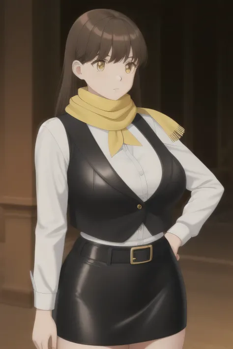 A medium-sized girl with a huge chest, long straight dark brown hair, her yellow eyes, a yellow star shape, is dressed in a light gray leather buttoned vest, wearing a yellow belt, and her short shiny black skirt, wearing a blue scarf around her neck, and ...