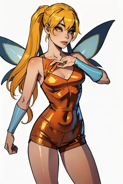 (star), (blonde hair, yellow eyes), (ponytail, long low pigtails,), (fairyoutfit), (fairy wings, orange outfit, shiny clothes, s...