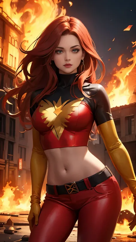 (highly quality, masterpiece, detailed), burning city detailed scenario, burning city detailed background, jean-grey, belt, red ...