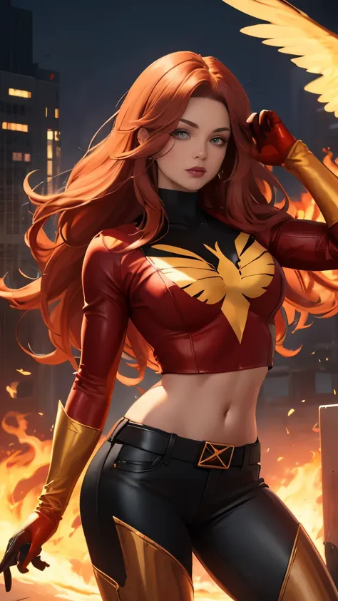 (highly quality, masterpiece, detailed), burning city detailed scenario, burning city detailed background, jean-grey, belt, red ...