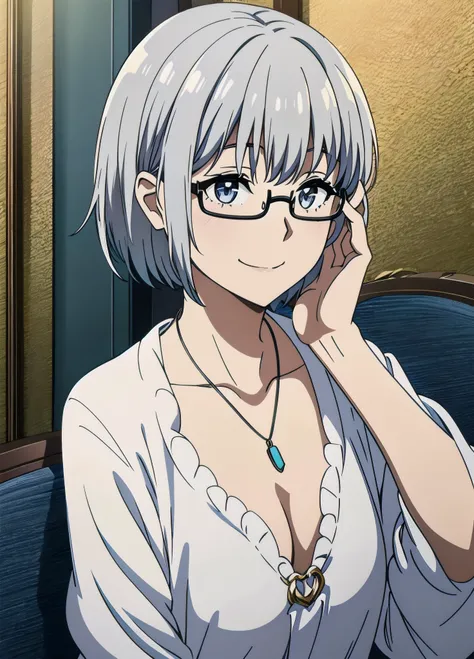 1girl, alternate_costume, bespectacled, closed_mouth, collarbone, glasses, jewelry, necklace, pendant, semi-rimless_eyewear, short_hair, silver_hair, smile, solo, under-rim_eyewear, upper_body,
