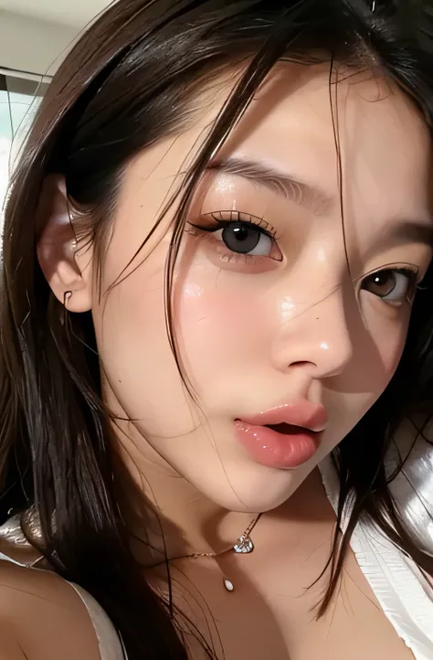image of one woman、Close-up of face、big breasts、big breasts cleavage、Black underwear、Tongue licking、Smooth skin、masterpiece、highest quality、8k photo、（close ~ eye）Upper eye line、An excited look、A wistful look、blushing face、Excited expression、please open you...