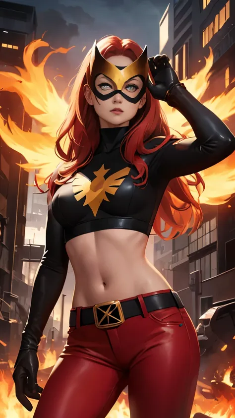 (highly quality, masterpiece, detailed), burning city detailed scenario, burning city detailed background, jean-grey, belt, red ...