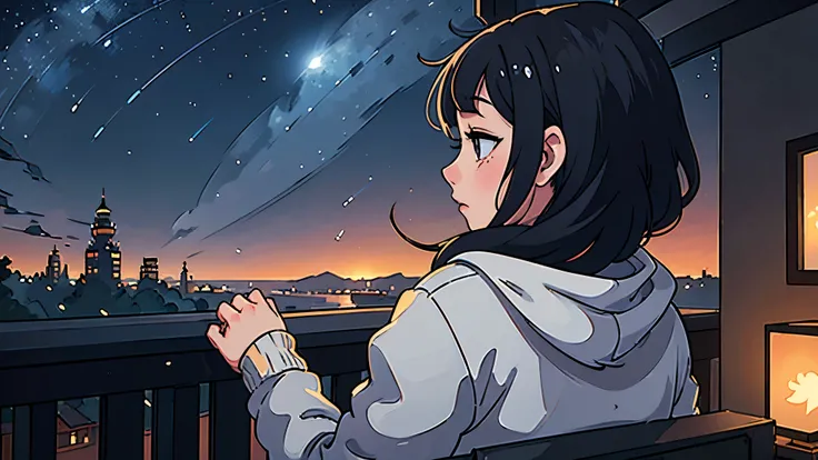 Create a scene of a 25-year-old girl looking outside, while listening to music with her headphones, in a calm and relaxed environment, with short black hair, seen from behind, looking at the horizon, at night, and through the window you can see fireflies a...