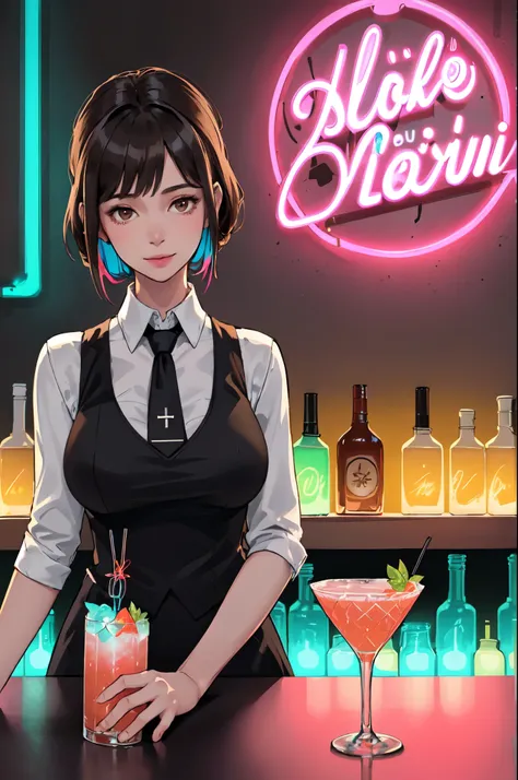 1lady solo, standing, bartender, (black vest over white dress shirt) tie, stylish outfit, mature female, /(dark brown hair/), (light smile:0.6), (masterpiece best quality:1.2) delicate illustration ultra-detailed, medium breasts BREAK ((colorful neon signs...