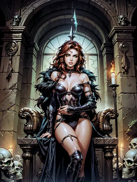 A hand-drawn dark fantasy illustration in the style of Luis Royo (comics art: 1.5). Depict a young , attractive, and fit slender barbarian queen seated on a intricately carved sandstone throne within a dimly lit, expansive chamber adorned with columns and ...