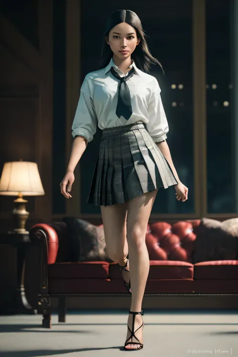 (masterpiece), (extremely intricate:1.3), (realistic), portrait of a girl, (dark fantasy, gore), (dynamic perspective), the most beautiful in the world, (kicking viewers), indoors, from below, shirt, tie, pleated skirt, high-heeled sandals, smirk, distant ...