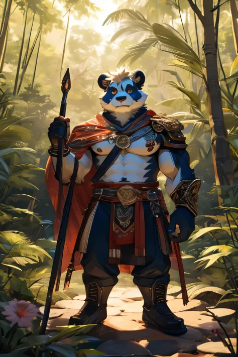 A strong, muscular panda anthropomorph with piercing red left eye and vibrant blue right eye, detailed fur, defined muscles, powerful stance, in a lush bamboo forest, with sunlight gently filtering through the leaves, creating a warm and serene atmosphere....