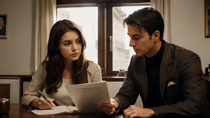 A male detective, with no mustache, next to a twenty years old girl with quiet brown hair, looking onto old documents