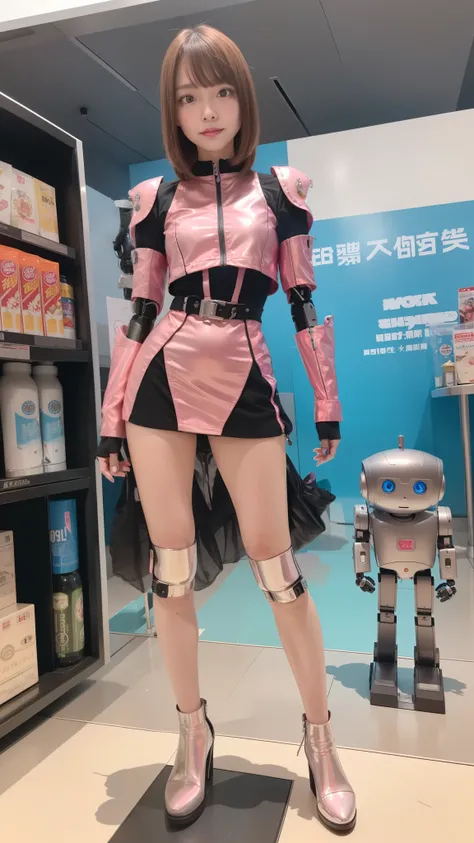 Robot Girl, pink there, Silver, Metallic body, Robot Parts, Metal Parts, Super Detailed Face, Super well-formed face, of the highest quality, a small face, a small head, Brown hair, Slender body, Camera gaze, Internal Mechanical Exposure, Idol, front facin...