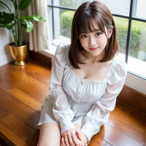 Best-quality, Masterpiece, Ultra-High-Resolution, (Photorealistic:1.4), Raw-Photo, 

from above, front view, at bedroom, 

1girl, the most famous Japanese idol, ((leaning forward, hands on knee)), 

(wearing white blouse with frilled, extremely loose blous...