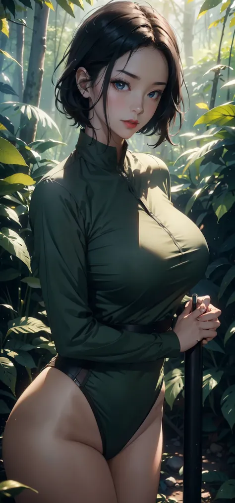 1 female，45 years old，married woman，milf，Large Breasts，short hair，Big breasts and thin waist， 照片曝Light， Solitary，（background：in the woods，rainforest，In the summer） Black Hair，Red lips，Stand deep in the woods，front view， Straight Hair， The sky is mostly clo...