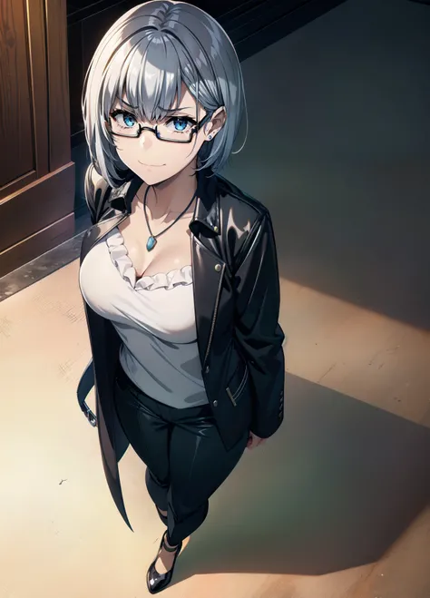 1girl, alternate_costume, bespectacled, closed_mouth, collarbone, glasses, jewelry, necklace, pendant, semi-rimless_eyewear, short_hair, silver_hair, smile, solo, under-rim_eyewear,very angry disappointed,full body
