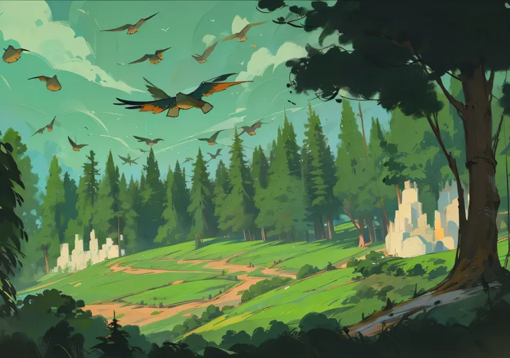 Lots of birds flying over green fields with trees, background technology, forest punk background, Depicted as game concept art, background technologywork, Video game concept art, Environmental concept, Landscape Game Concept Art, 2D game environment design...