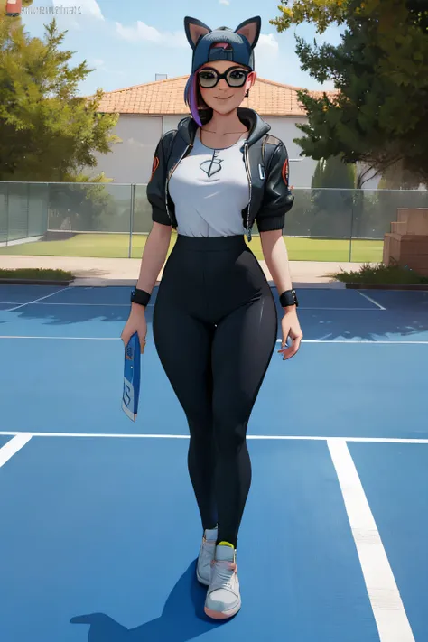 Leggins negros lince con chaqueta negra con gris,  videojuegos, piernas cruzadas, tenis converse, sonriendo, guantes sin dedos con gafas 