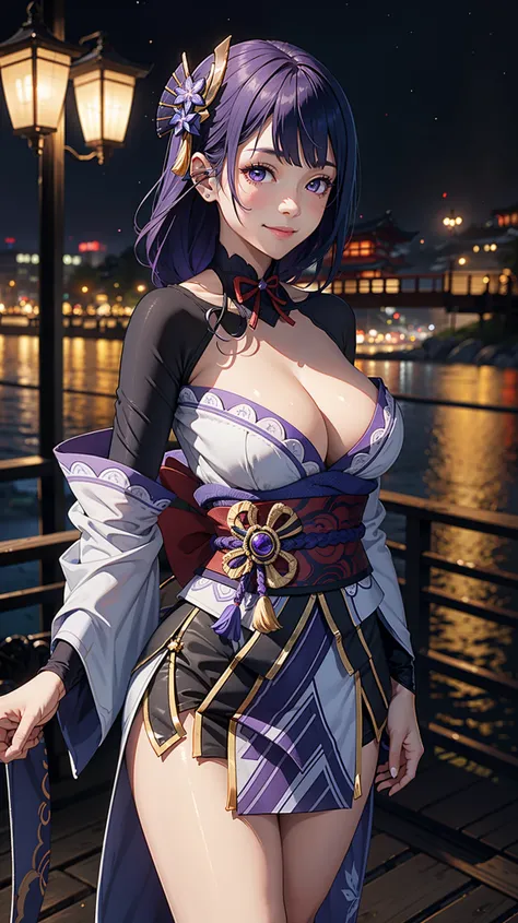 Masterpiece, high quality, blurry background, hd, 4k, night,raidenshogundef, (large breasts), outdoors, standing, blush, looking at viewer, smile, upper body