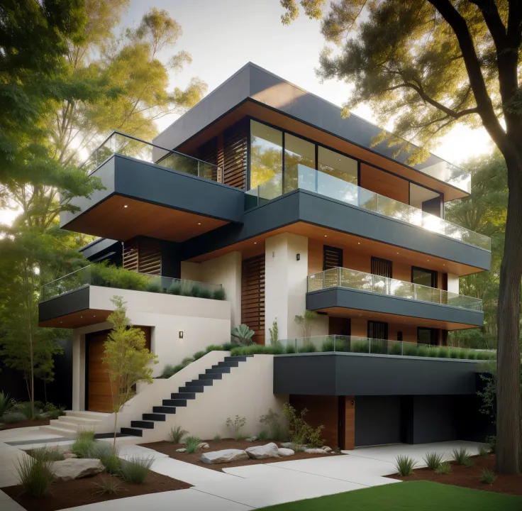 Exterior, morden house, day light, A modern street-facing house seamlessly integrates natural elements into its design. The architecture embodies an urban oasis concept, featuring a balcony adorned with lush greenery and a front yard that blends nature wit...