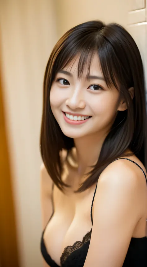 masterpiece,best quality,(Japanese ),((Beautiful girl)),cleavage,indoor,(perfect body beauty:1.2),(shy smile),beautiful teeth,