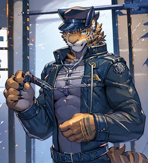 Ridiculed，4k, Practical, High Detail, Super detailed, Leopard，juvenile，police，Golden fur，Strong body，Leather jacket，look at screen，Hand holding a whip，The background is a prison，individual。Wearing a police cap