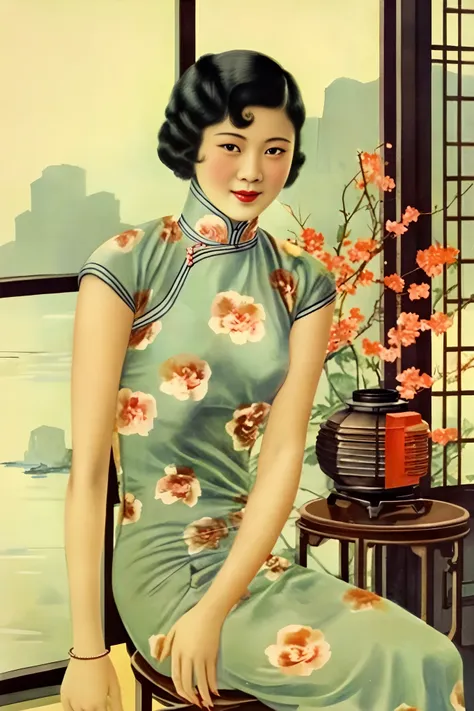 masterpiece,best quality,1 Girl,wearing cheongsam，Holding flowers, phonograph, Sitting by the window，Retro old Shanghai style，chp1920s,Bangs, sitting, Chair, chp1920s,Looking at the audience,(Beautiful and delicate face), (Beautiful and delicate eyes),