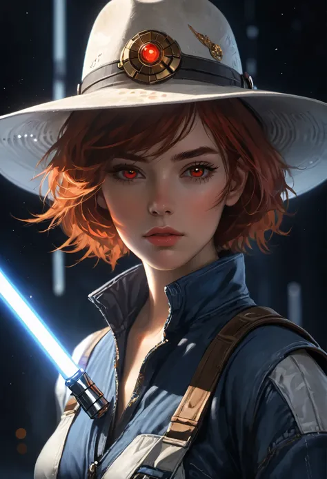 highest resolution, clearly_image) Excellent, masterpiece, High Detail, Semi-realistic,Intergalactic cowboy, Cowboy hat，Lightsaber，bust，a very beautiful woman, Solitary, Normal handsome posture, red short hair, Golden Eyes, indifferent expression, 18 years...