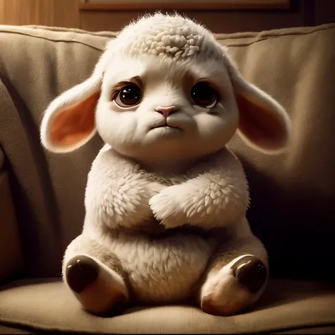 A stuffed goat sits on the sofa，脸上with sad expression, Lovely数字,，He is shedding tears， Lovely 3 d render, Human-lamb hybrid, with sad expression, Lovely detailed digital art, Lovely digital art, Wojtek Fuss, Lovely anthropomorphic bunny, Cartoon, High qual...