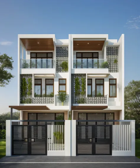 Exterior of house, mordern material decorations, (canopy in front of house:1.4), (a road in front of house:1.3), tree, sky, cloud, morning weather.
