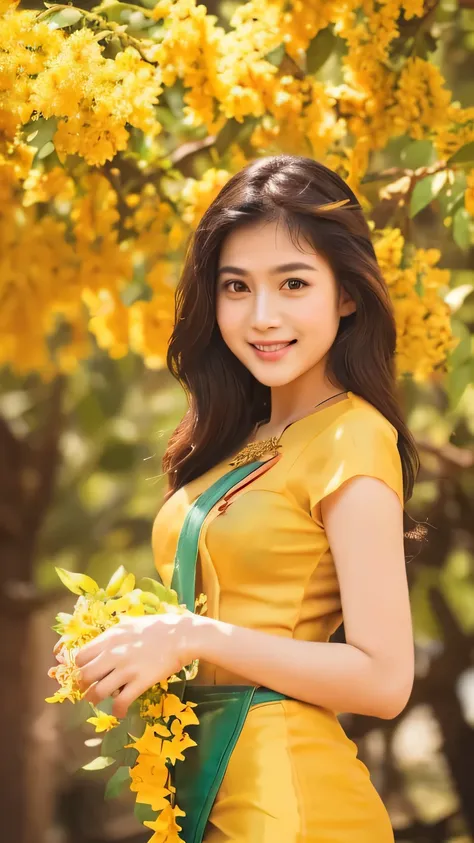 (best quality,4k,8k,highres,masterpiece:1.2),ultra-detailed,(realistic,photorealistic,photo-realistic:1.37),Burmese women,padauk flowers, holding pterocarpus macrocarpus, vibrant,ethereal,portraits,golden lighting,traditional dress,women intense gaze,natur...