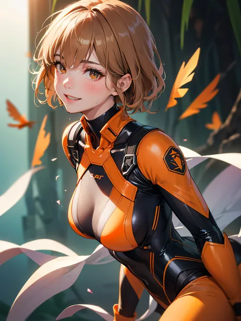 (Transparent and revealing clothing:1.3, ),(cyber girl:1.3),(((cyber suit))), Open jacket,（Run through the jungle.:1.3）,(((Shiny light brown and orange striped short hair))),Cute Smile,Perfect round face,A bright smile that makes everyone happy,Big Breasts...