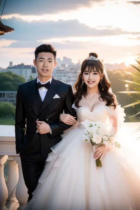 bride and married posing for a picture on a balcony, beau couple, mariage photo, couple heureux, bride and married, hoang long l...