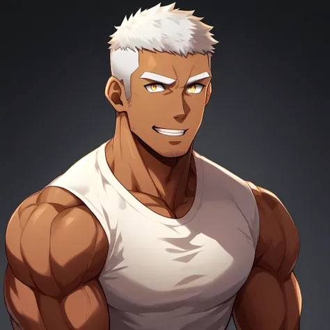 anime characters:Gyee, Fitness coach, Chocolate skin, 1 muscular tough guy, Manliness, male focus, Cream White Sleeveless Tight T-Shirt, Very tight, The pectoral muscles are oversized, Slightly transparent, muscular male, muscular, only, Upper body, alone,...