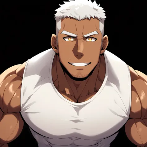 anime characters:Gyee, Fitness coach, Chocolate skin, 1 muscular tough guy, Manliness, male focus, Cream White Sleeveless Tight T-Shirt, Very tight, The pectoral muscles are oversized, Slightly transparent, muscular male, muscular, only, Upper body, alone,...