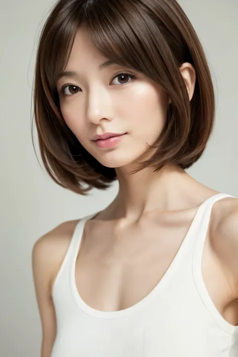 japanese, short stature woman,  physique, short arm, long slit eyes, fleeting atmosphere, 30 year old, brown bob hair, ((thin li...