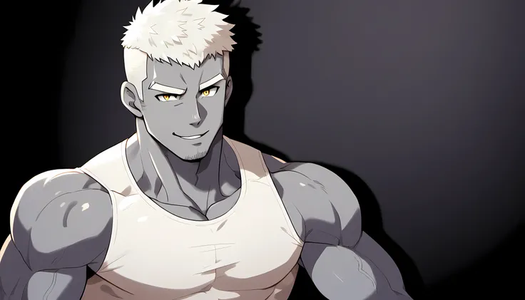 anime characters:Gyee, Fitness coach, Cement Gray Skin, 1 muscular tough guy, Manliness, male focus, Cream White Sleeveless Tight T-Shirt, Very tight, The pectoral muscles are oversized, Slightly transparent, muscular male, muscular, only, Upper body, alon...
