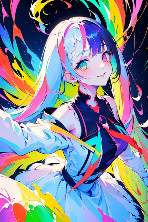 One girl, Young girl,  bangs, Twin tails, Side Tail, (Heterochromia), wearing a white dress, smile, ((Detailed aspect)), ((close)), colorful background, (colorful), (Many colors),Rainbow-colored,Open your arms