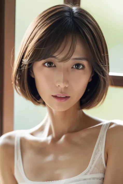 japanese, short stature woman,  physique, short arm, long slit eyes, fleeting atmosphere, 30 year old, brown bob hair, ((thin li...