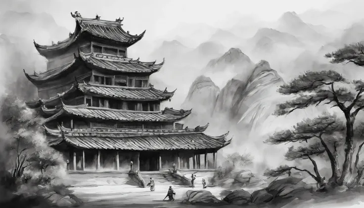 Shaolin Temple，monk，Deep black and white，Old Hall，culture，big sky，Chinese Academy，Old Hall，Tang Dynasty