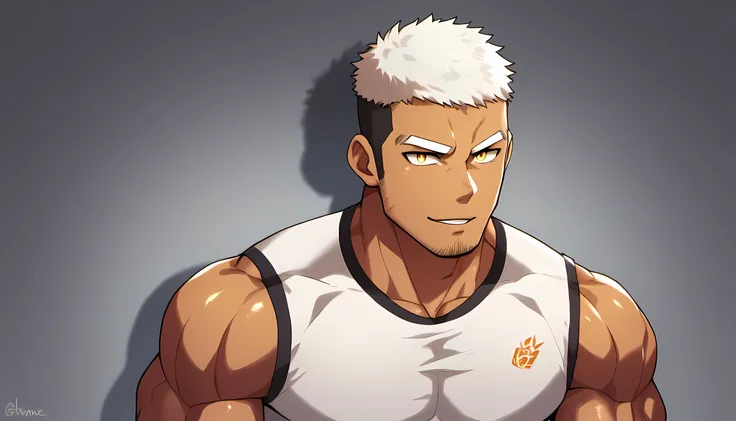 anime characters:Gyee, Fitness coach, Shining black skin, 1 muscular tough guy, Manliness, male focus, Cream White Sleeveless Tight T-Shirt, Very tight, The pectoral muscles are oversized, Slightly transparent, muscular male, muscular, only, Upper body, al...