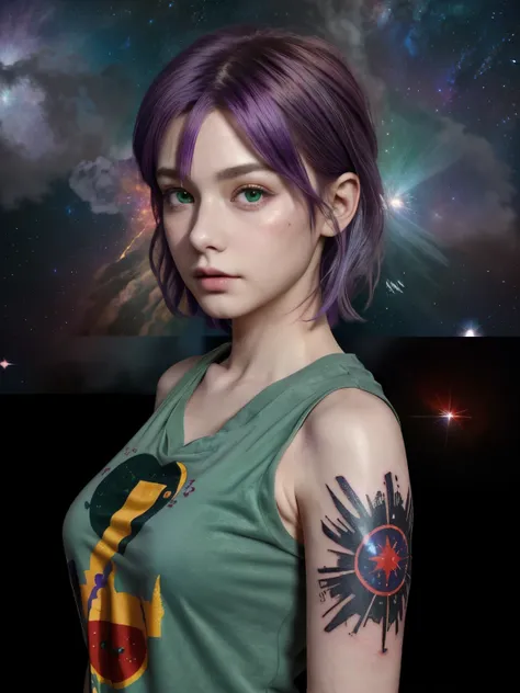 (8k), (highest quality), (best details)purple hair、green eyes、red bean greyｔshirt、全身tattoo、tattoo、very short hair、beautiful fren...