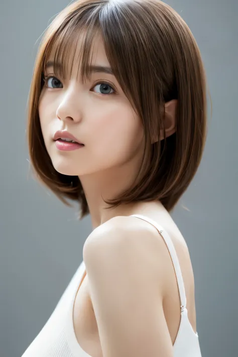 japanese, short stature woman,  physique, short arm, long slit eyes, fleeting atmosphere, 30 year old, brown bob hair, ((thin li...