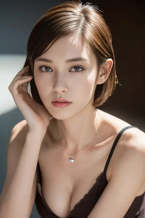 ((top-quality、8K、​masterpiece: 1.erfect Body Beauty: 1.4、Slender Abs: 1.2、Beautiful woman with slender abs:1.3、(Highlight Haircutreast B Cup:1.2), medium breast, round shape breast, perfect shape breast, ( portrait photography, studio light, ),  necklace, ...