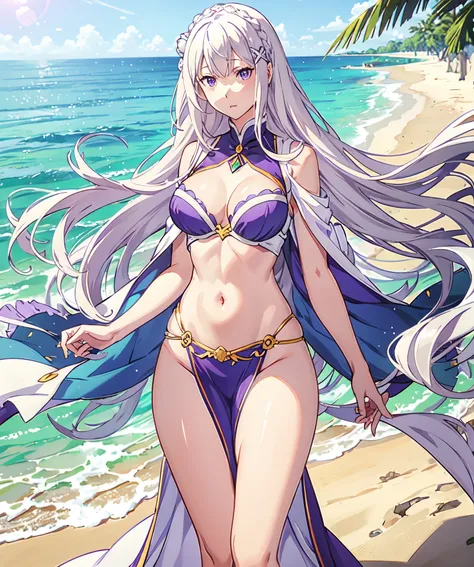 white hair, Emilia re:zero, purple eyes, Emilia, crown braid, x hair ornament, flower hair ornament, white hair, long hair, medium breasts,, navel, cleavage, medium breast, slim legs, sunny day