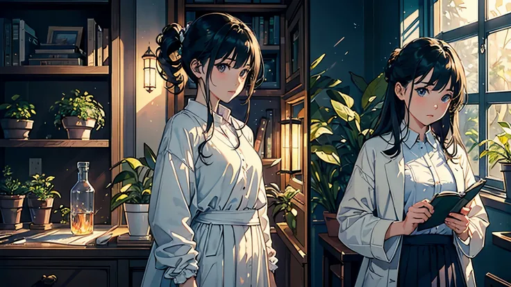 (highest quality、masterpiece、High resolution)、(Sargent style watercolor)、(Anime Art)、Cinematic Light、Soft Light、((Two Girls))、20-year-old、((With documents、Standing by the wall))、Black Hair、Short Hair、semi-long、Put your hair up、(detailed depiction of the fa...