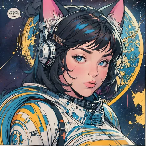 ultimate best quality,beautiful woman,speech bubble,big brest,galaxy,60s,70s,80s,cat,colorful,cosmo,space,