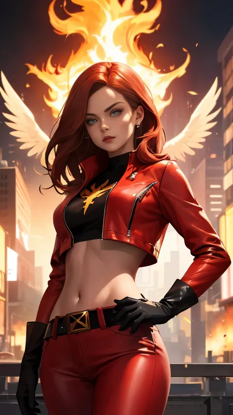 (highly quality, masterpiece, detailed), burning city detailed scenario, burning city detailed background, jean-grey, belt, red ...