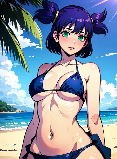 a cartoon picture of a woman in a bikini on the beach, on the beach, Blue bikini, seductive anime girl, on the sunny beach, on the beach, anime Mo artstyle, on the beach, wallpaper anime blue water, Swimsuit, ilya kuvshinov landscape, on the beach, Nobody ...