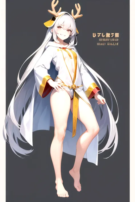 girl、Gray Hair, super long hair,Wearing a deer skull on his head,A heavy, old-fashioned robe that covers the feet., wearing a hood,The eyes are hidden by a hood,Mole on the right side of the lip,  Full body portrait,SD character, The background is solid wh...