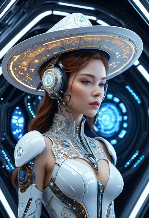 Complex 3D rendering ,Beautiful porcelain contoured mechanical Cowboy on spaceship, cyborg, integrated circuit parts, (Cowboy hat), rim light, Vibrant details, Luxury Cyberpunk, lace, hyperactual, anatomical, cable wires, microchip, elegant, Starry Sky, In...